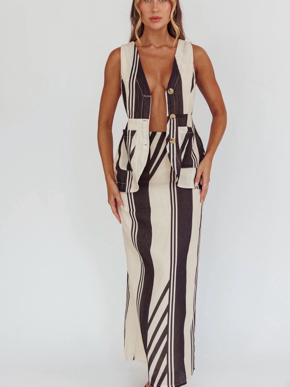 Selfie Leslie Black and Cream Striped Maxi Skirt